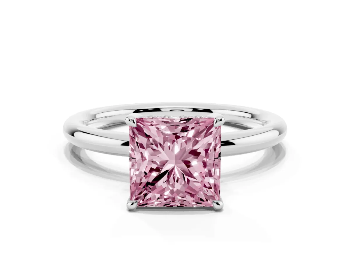 Fancy Pink Princess Cut Diamond Solitaire Ring with Thin Band and Four-Prong Setting Platinum