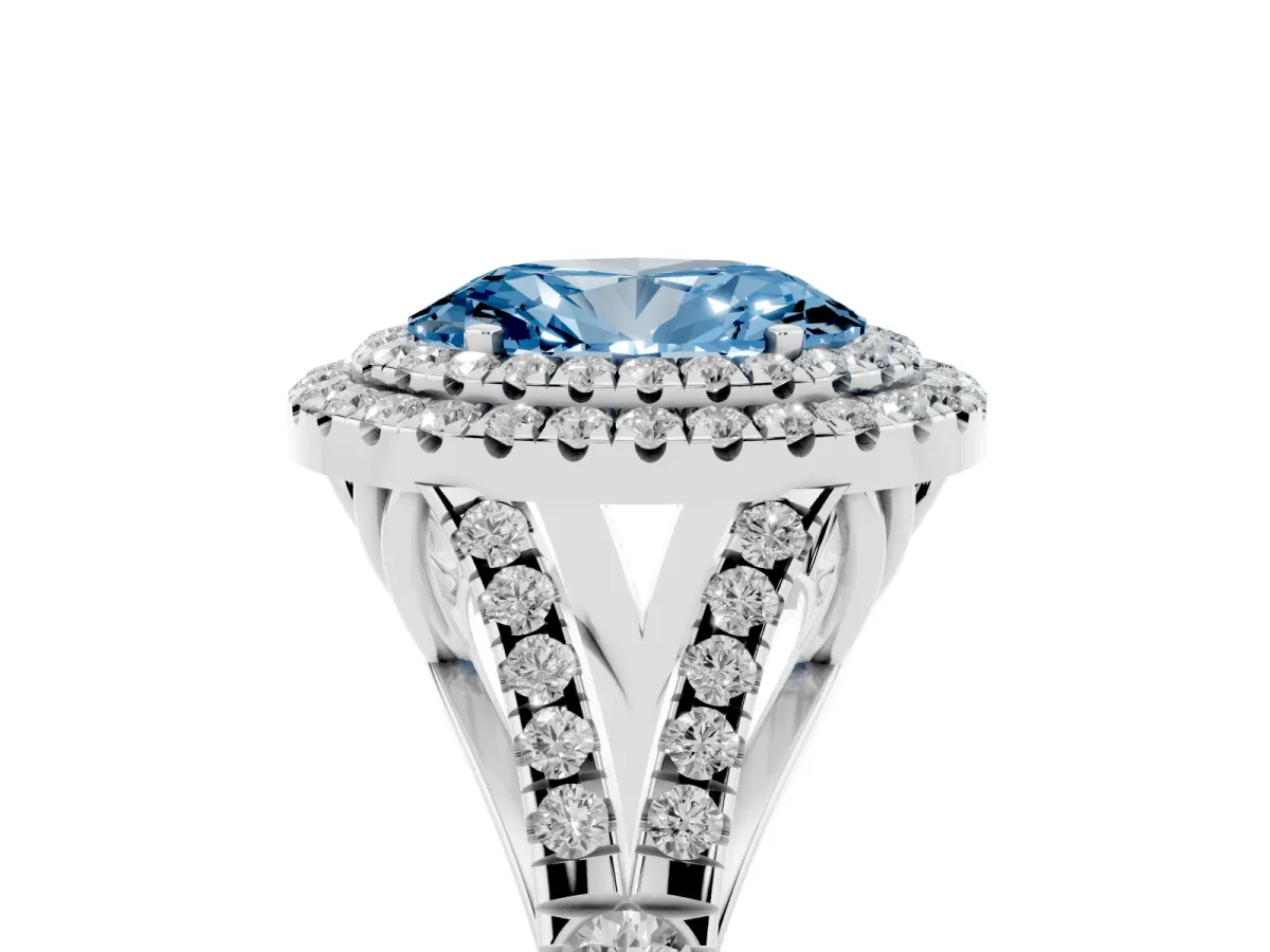 Fancy Blue Double Halo Oval Cut Diamond Split Shank Engagement Ring with Four-Prong Setting Silver