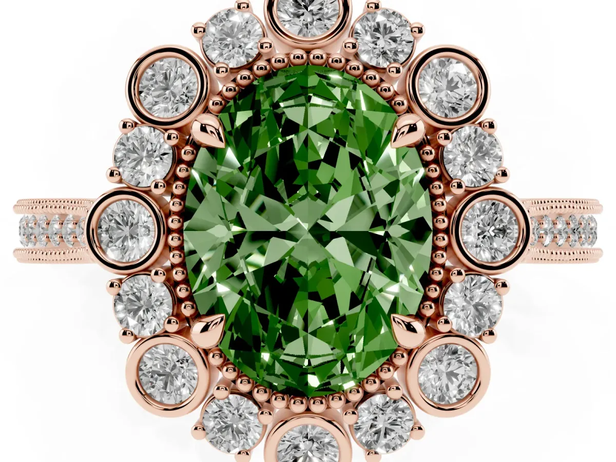 Fancy Green Oval Cut Halo Milgrain Pave Diamond Ring with Four-Prong Setting Rose gold