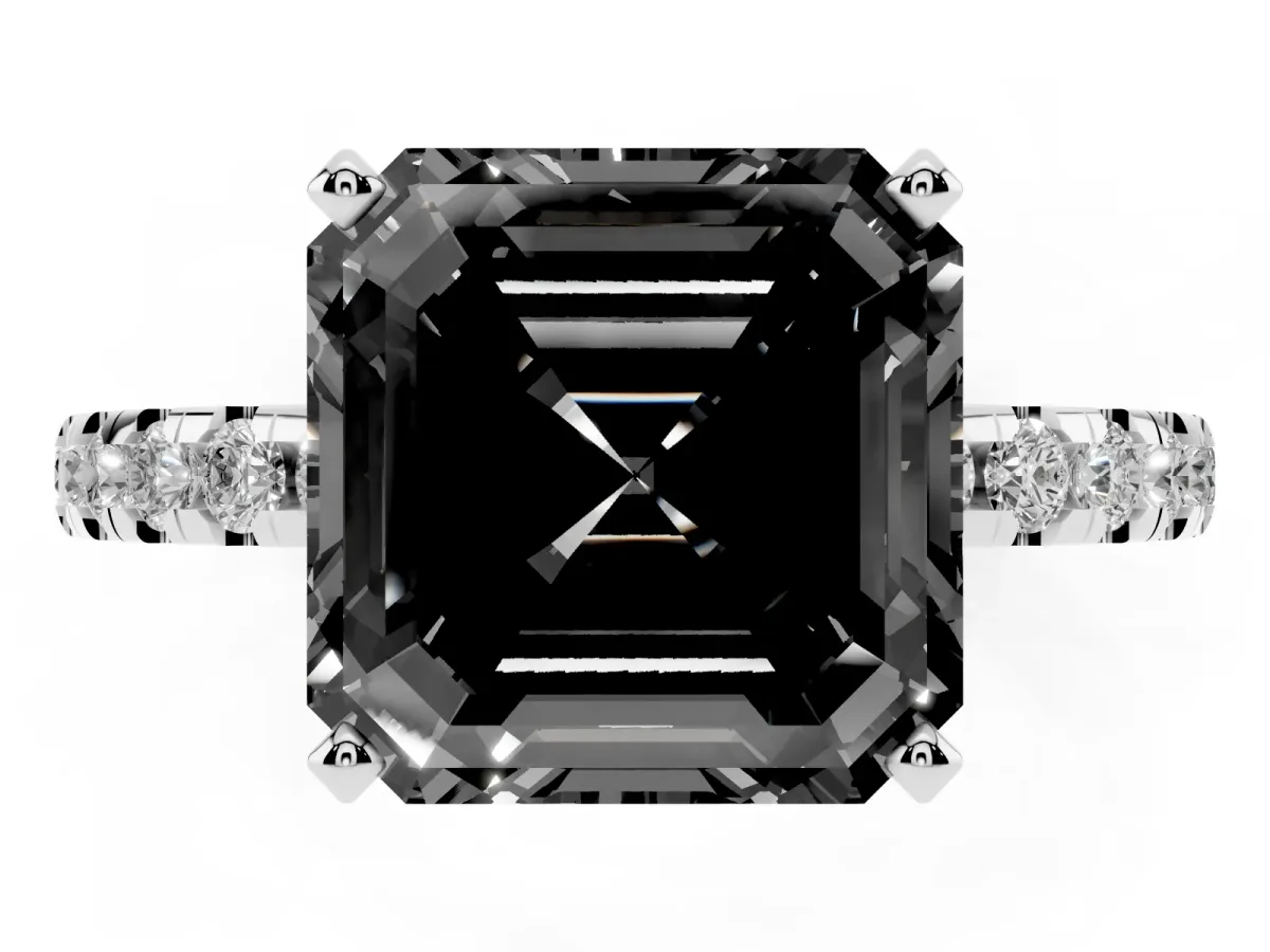 Fancy Black Asscher Cut Diamond Solitaire Ring with Round Pavé Band and Four-Prong Setting Silver