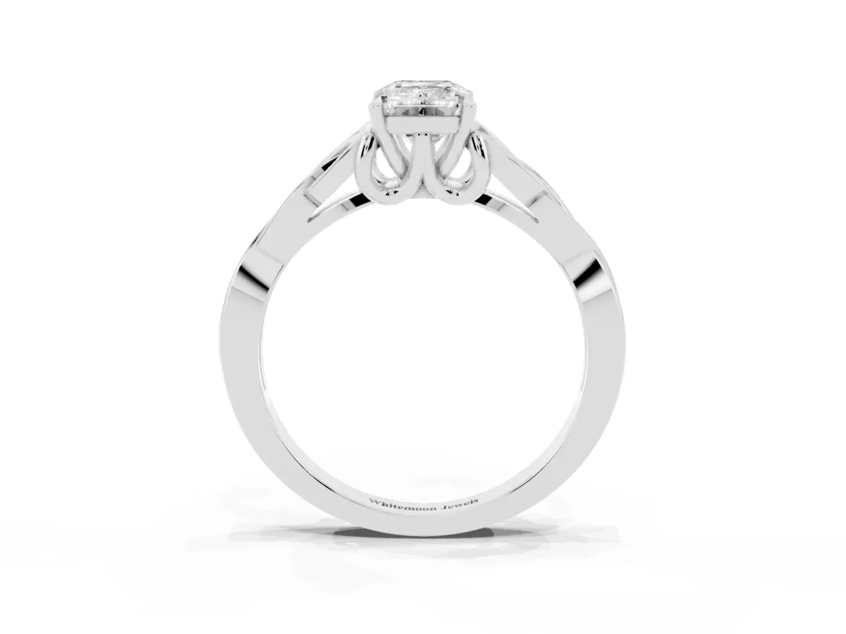 Emerald Cut Diamond Solitaire Engagement Ring with Celtic Knot Band and Four-Prong Setting Silver