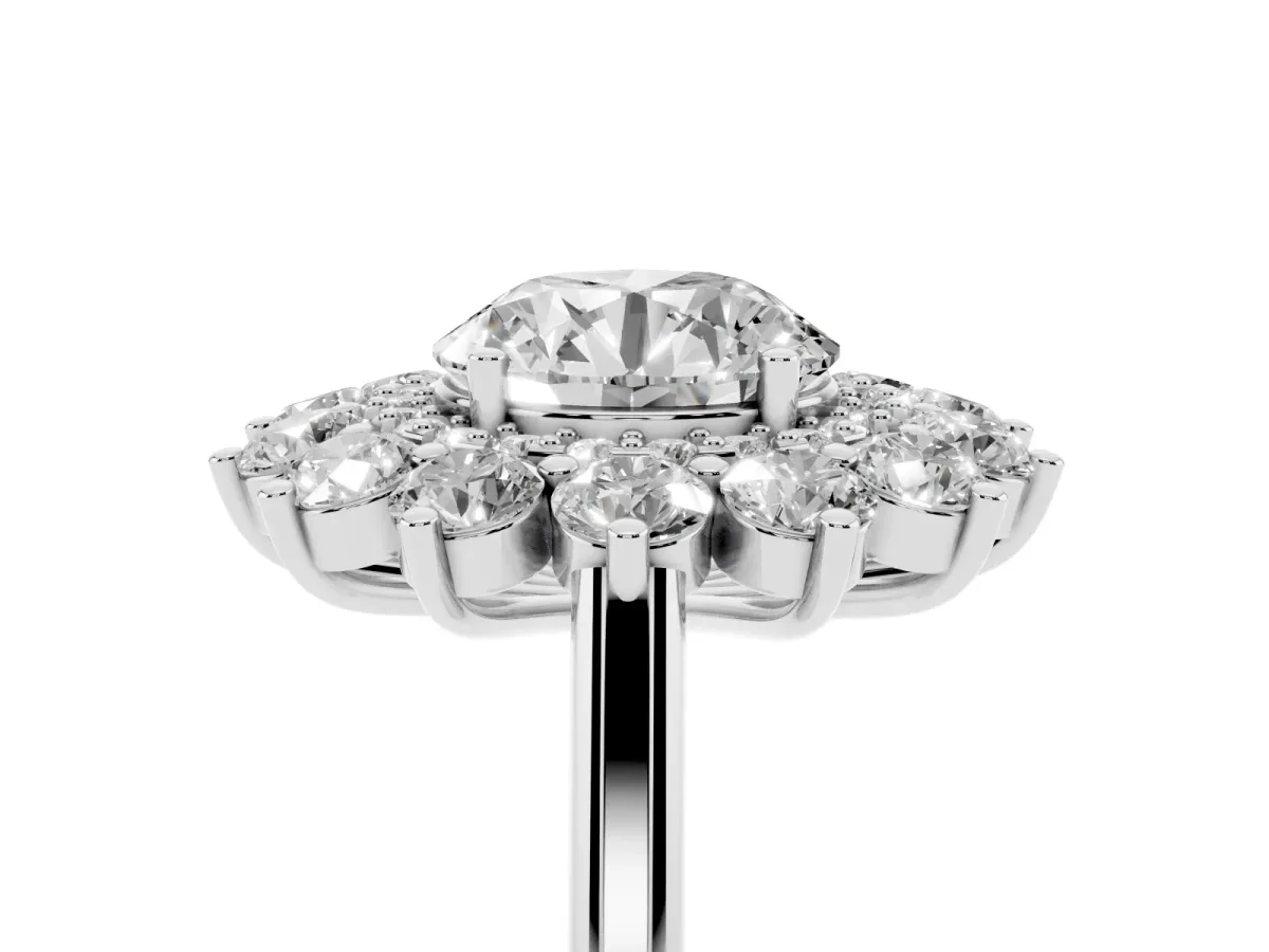 Round Cut Diamond Floral Double Halo Engagement Ring with Prong Setting Silver