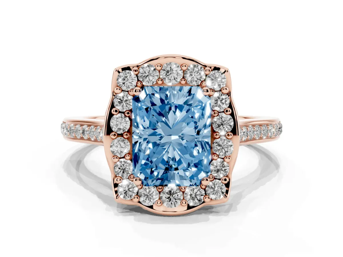 Fancy Blue Radiant Cut Halo Round Diamond Pave Band with Four-Prong Setting Rose gold