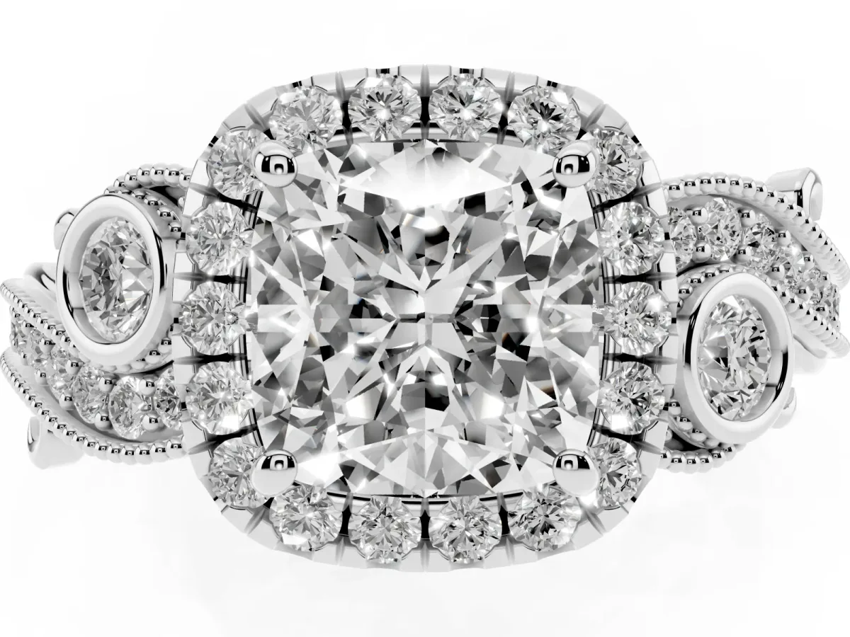 Cushion Cut Halo Diamond Ring with Milgrain and Bezel Accents on a Split Shank Band Platinum