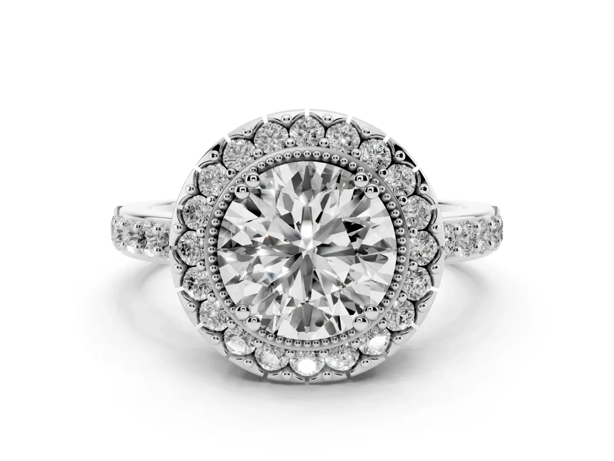 Round Cut Diamond Halo Ring with Pavé Band and Prong Setting Silver