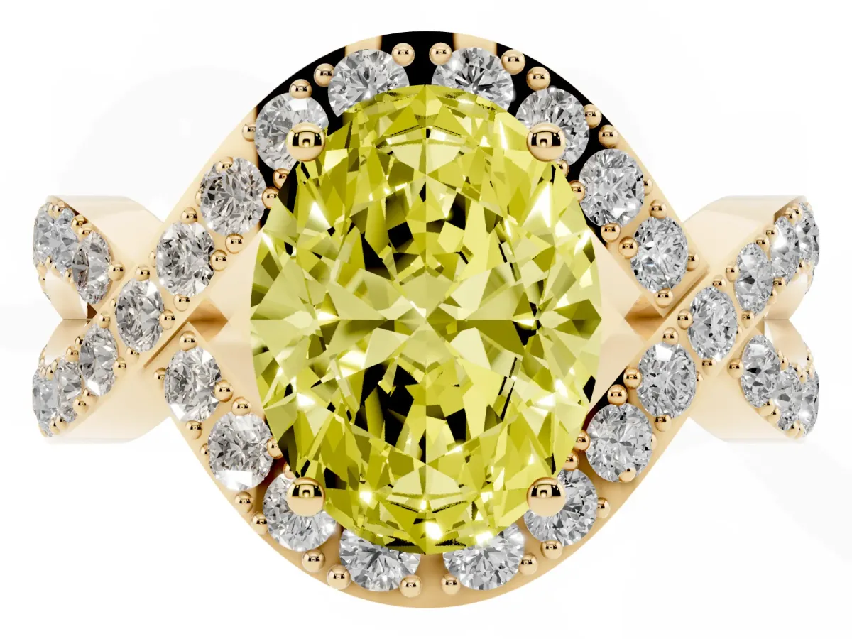 Fancy Yellow Oval Cut Solitaire Twist Band Pavé Diamond Engagement Ring Yellow gold