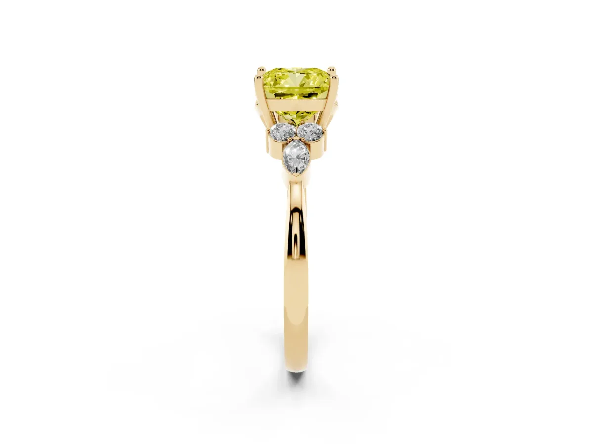 Fancy Yellow Cushion Cut Brilliant Diamond Solitaire Ring with Pear Side Stones and Four-Prong Setting Yellow gold