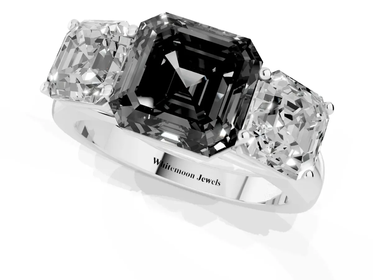 Fancy Black Asscher Cut Three-Stone Diamond Ring with Prong Setting on a Classic Band Platinum