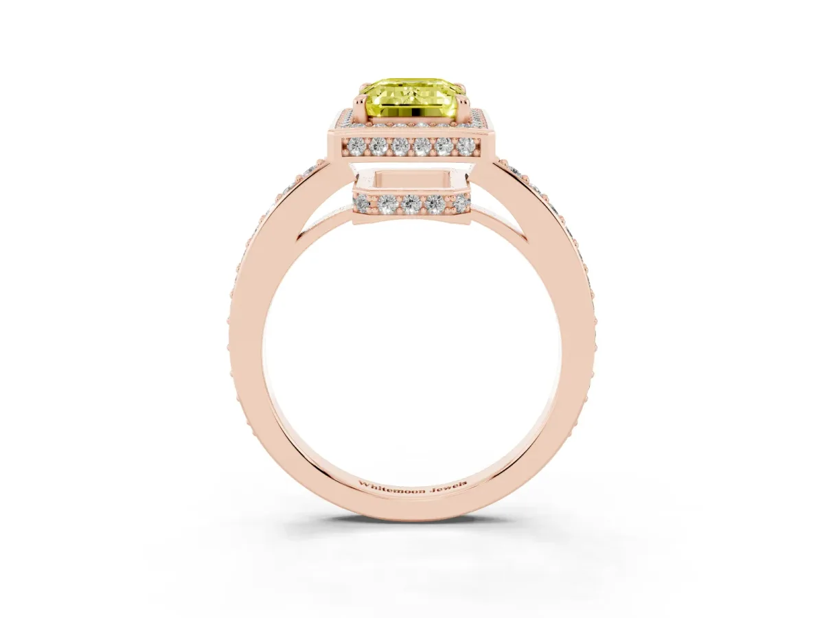 Fancy Yellow Emerald Cut Halo Pave Band Solitaire Ring with Prong Setting Rose gold