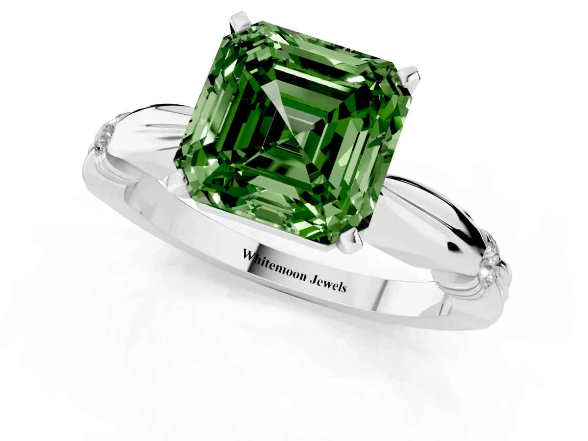 Fancy Green Asscher Cut Solitaire Diamond Twisted Band with Four-Prong Setting Silver