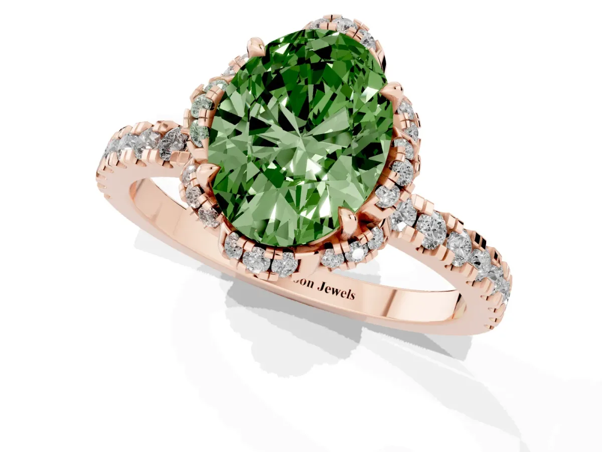 Fancy Green Oval Cut Halo Diamond Pave Band Ring with Four-Prong Setting Rose gold