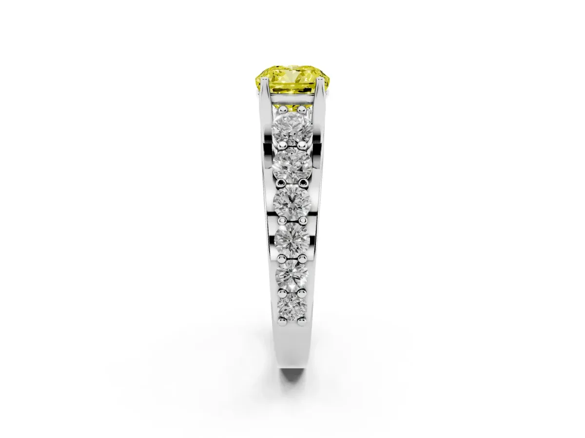 Fancy Yellow Cushion Cut Diamond Engagement Ring with Pavé Band and Four-Prong Setting Platinum