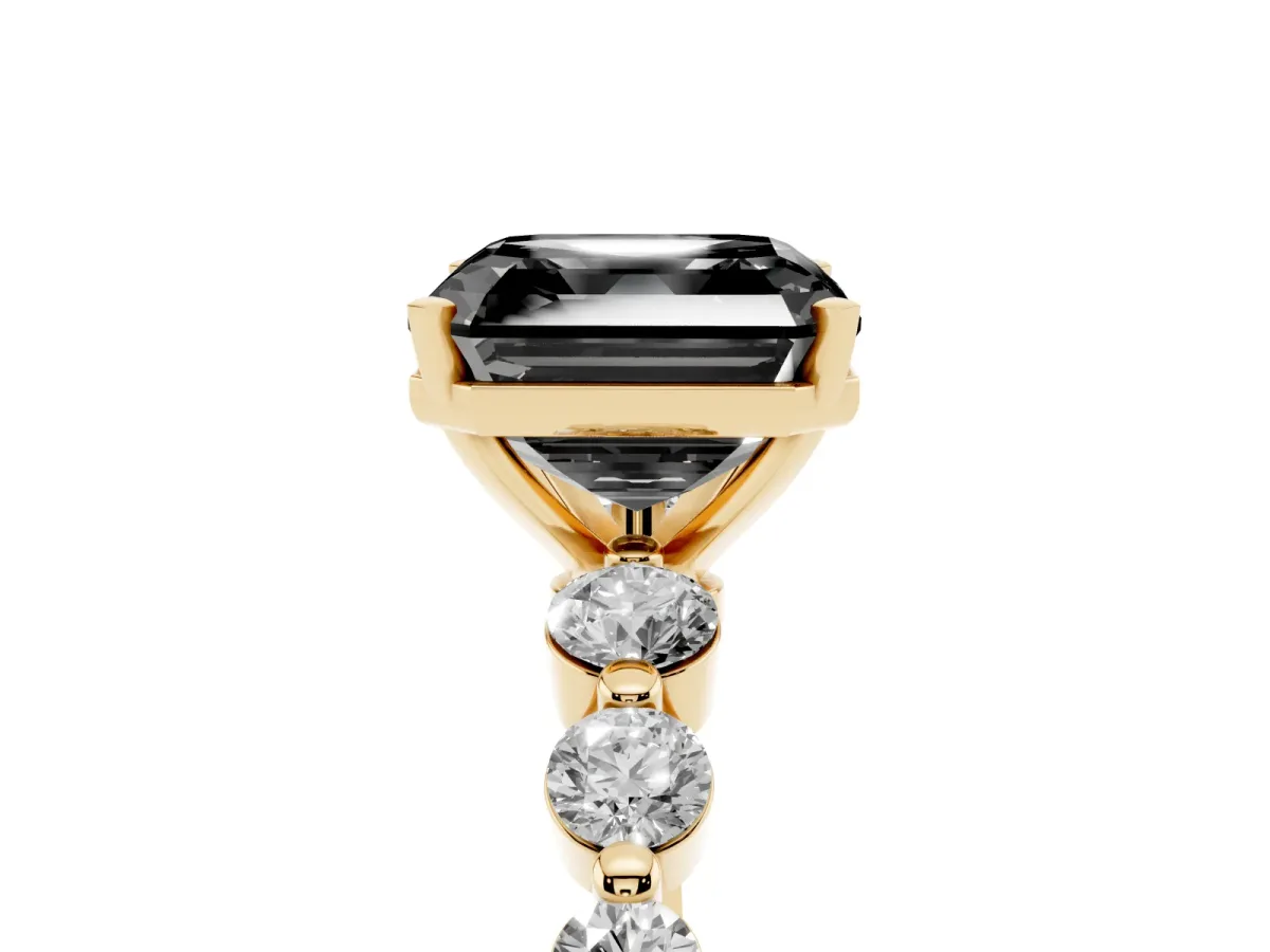 Fancy Black Asscher Cut Solitaire Diamond Ring with Pave Band and Four-Prong Setting Yellow gold