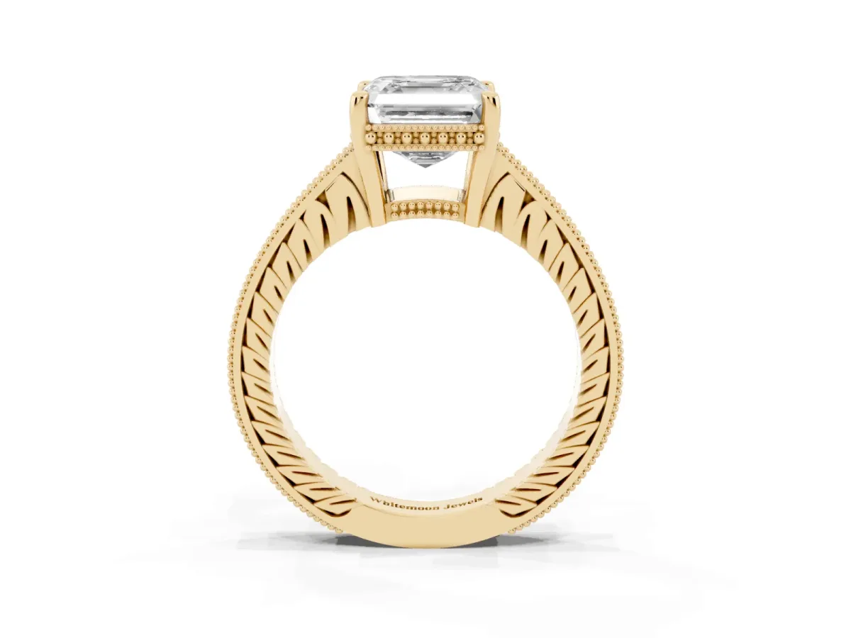 Asscher Cut Solitaire Pavé Diamond Milgrain Engagement Ring with Four-Prong Setting Yellow gold