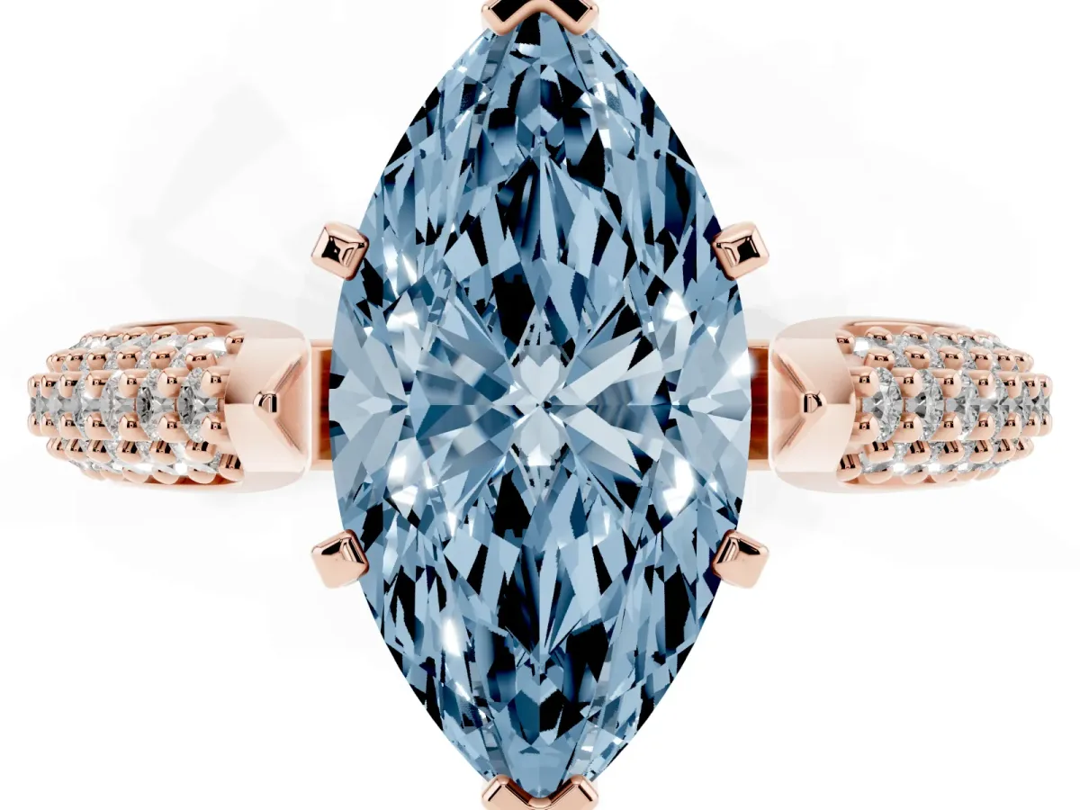 Fancy Blue Marquise Cut Diamond Solitaire Engagement Ring with Multi-Row Round Pavé Band and Prong Setting Rose gold