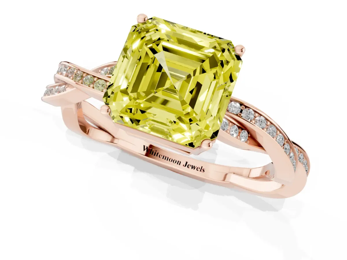 Fancy Yellow Asscher Cut Solitaire Twisted Pave Diamond Ring with Four-Prong Setting Rose gold