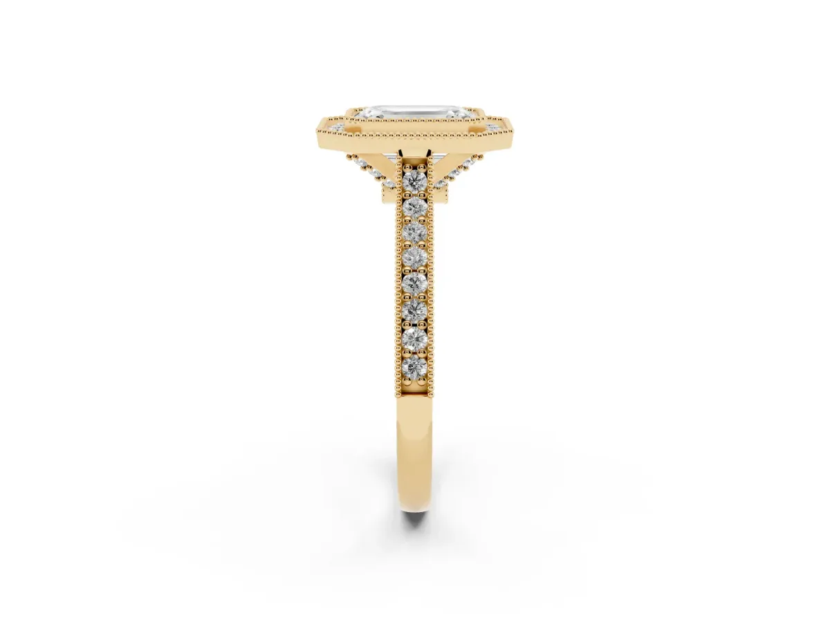 Halo Emerald Cut-Cut Diamond Pave Band Milgrain Prong Setting Ring Yellow gold