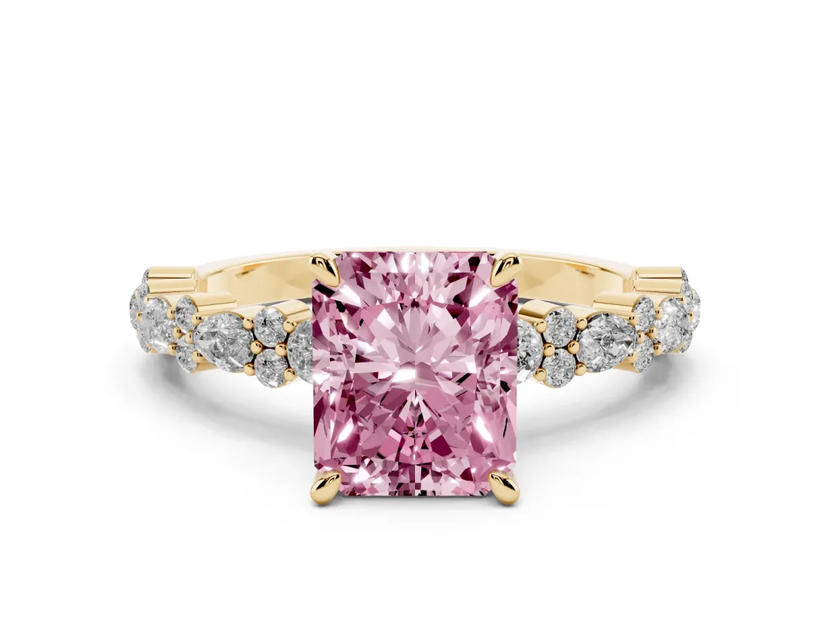 Fancy Pink Radiant Cut Diamond Side Stone Solitaire Ring with Round and Four-Prong Setting Yellow gold