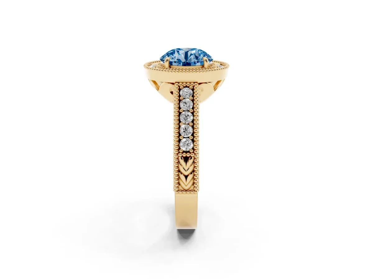 Fancy Blue Round Cut Cut Halo Diamond Ring with Pavé Band and Four-Prong Setting Yellow gold