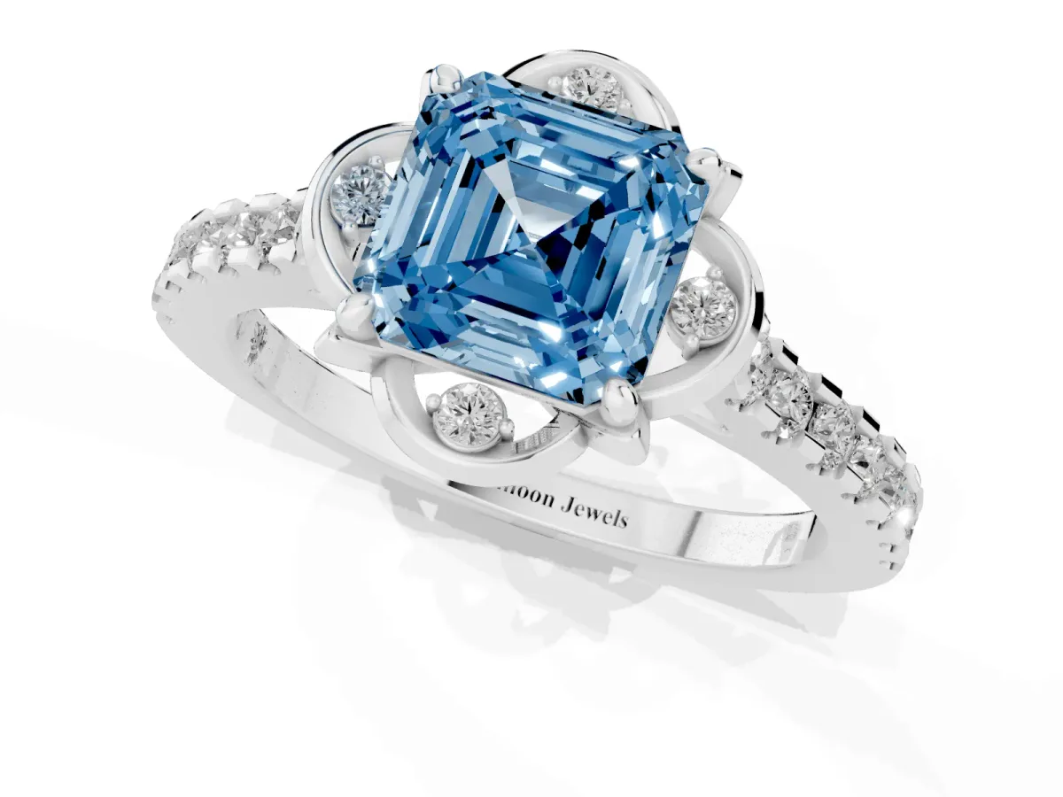 Fancy Blue Asscher Cut Diamond Ring with Pavé Band and Floral Prong Setting Silver