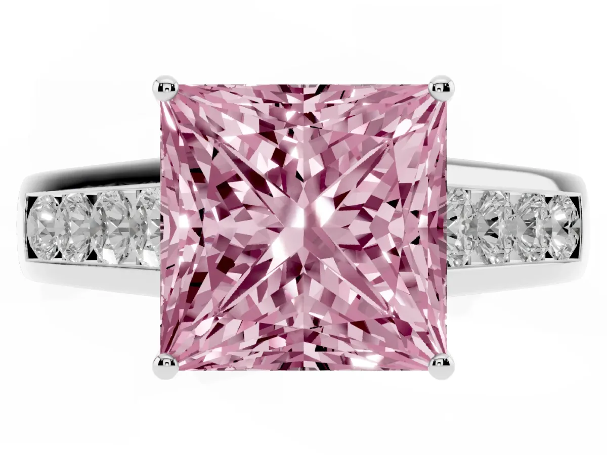 Fancy Pink Princess Cut Brilliant Channel-Set Solitaire Ring with Four-Prong Setting Platinum