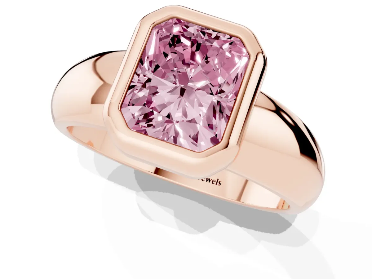 Fancy Pink Bezel Set Radiant Cut Solitaire Ring with Wide Band Rose gold