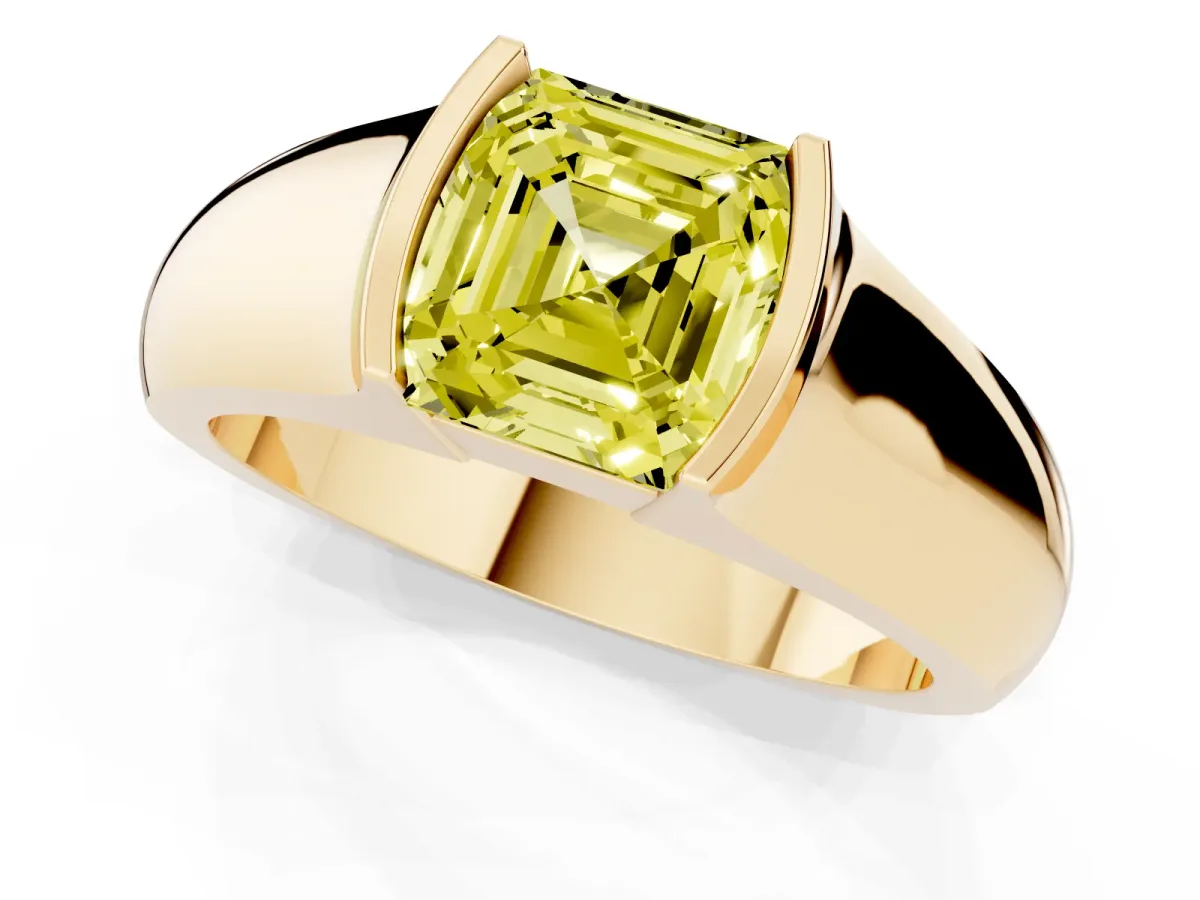 Fancy Yellow Asscher Cut Solitaire Bezel Set Diamond Ring with Wide Band Yellow gold