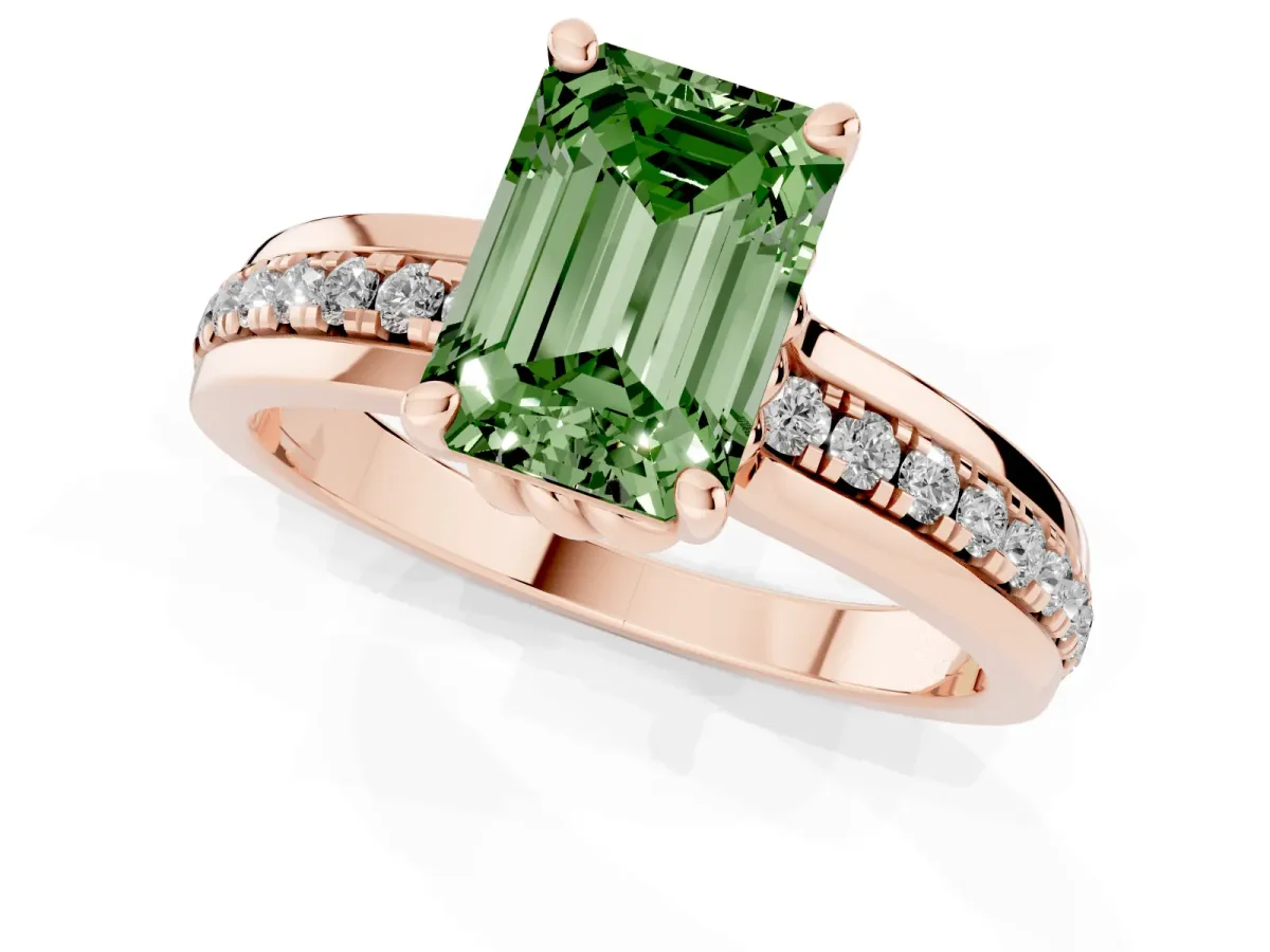 Fancy Green Emerald Cut Solitaire Diamond Ring with Channel Set Band and Six-Prong Setting Rose gold