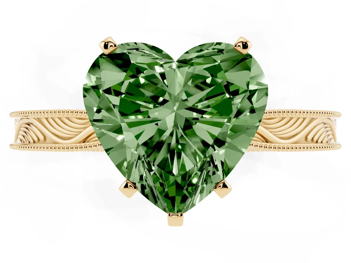 Fancy Green Heart Cut Solitaire Milgrain Engraved Band with Four-Prong Setting Yellow gold