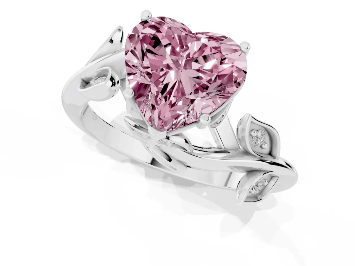 Fancy Pink Heart Cut Solitaire Twist Engagement Ring with Leaf Accents and Prong Setting White gold