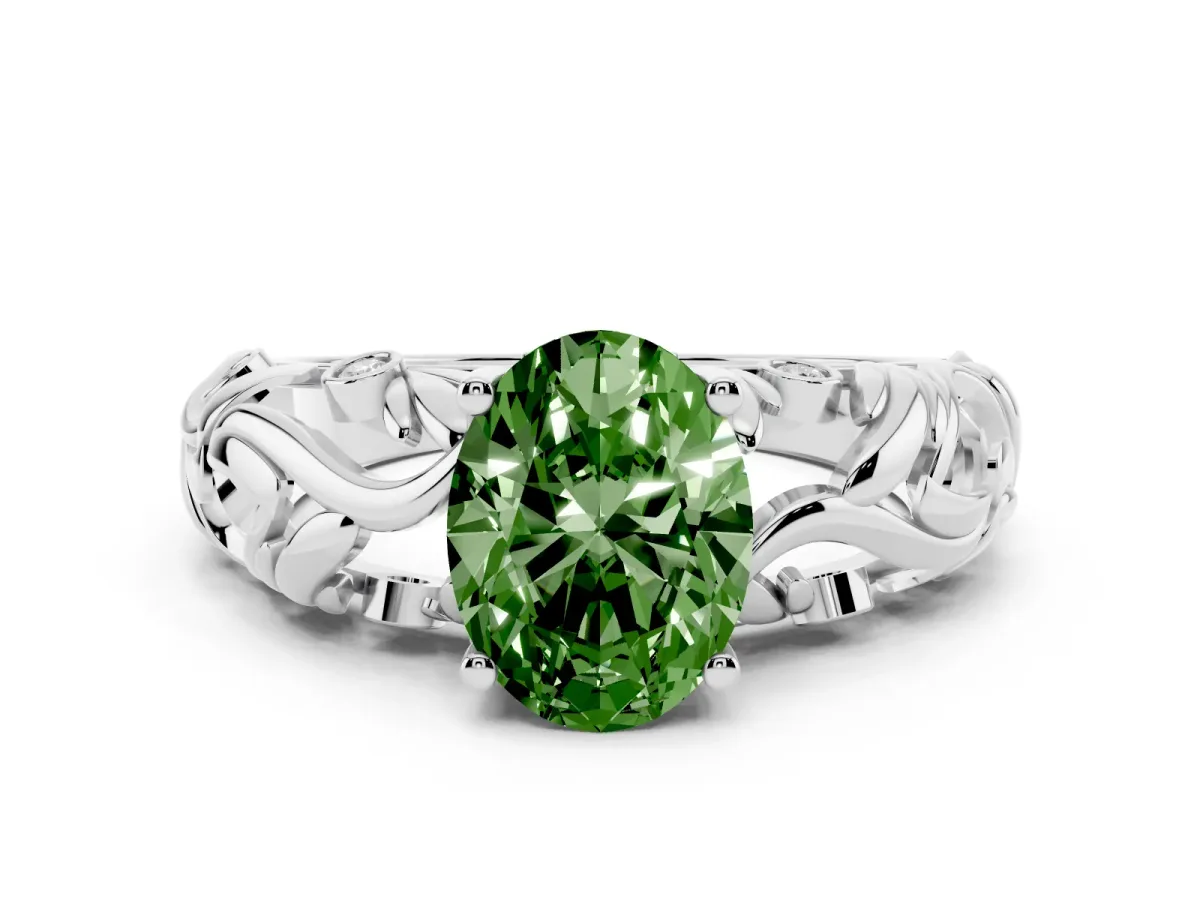 Fancy Green Oval Cut Solitaire Diamond Leaf-Inspired Vine Band Ring with Prong Setting Platinum