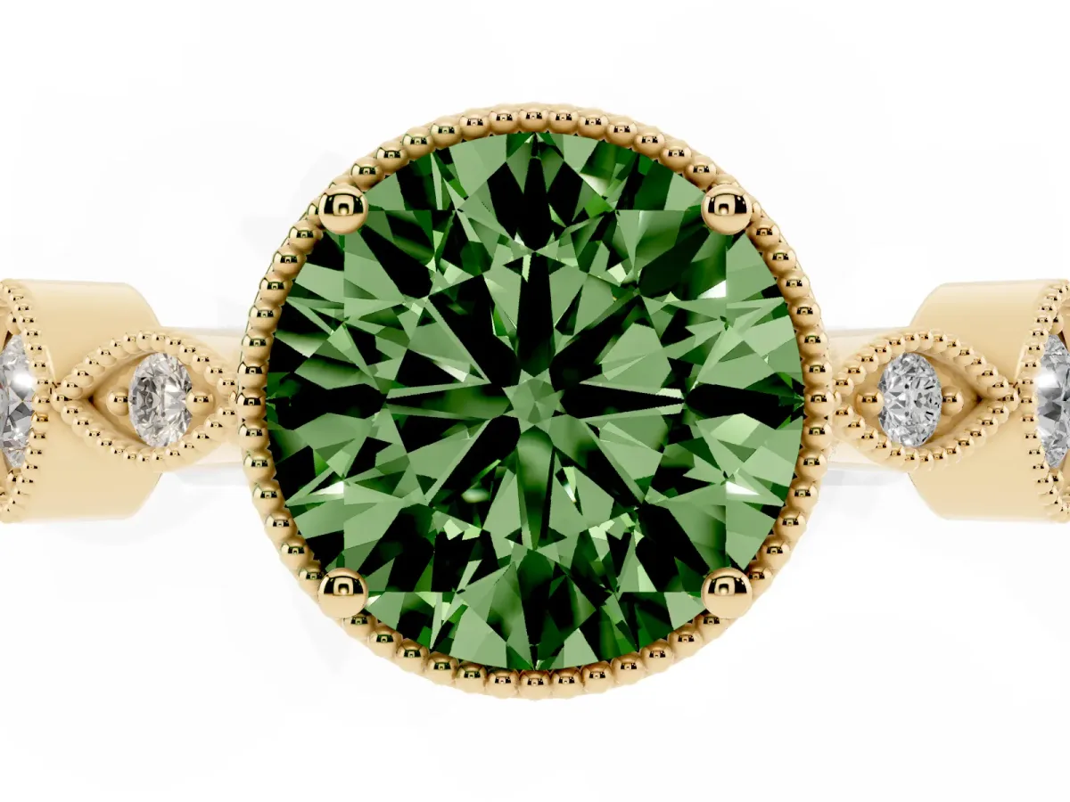 Fancy Green Round Cut Diamond Vintage Milgrain Ring with Round Stations Yellow gold