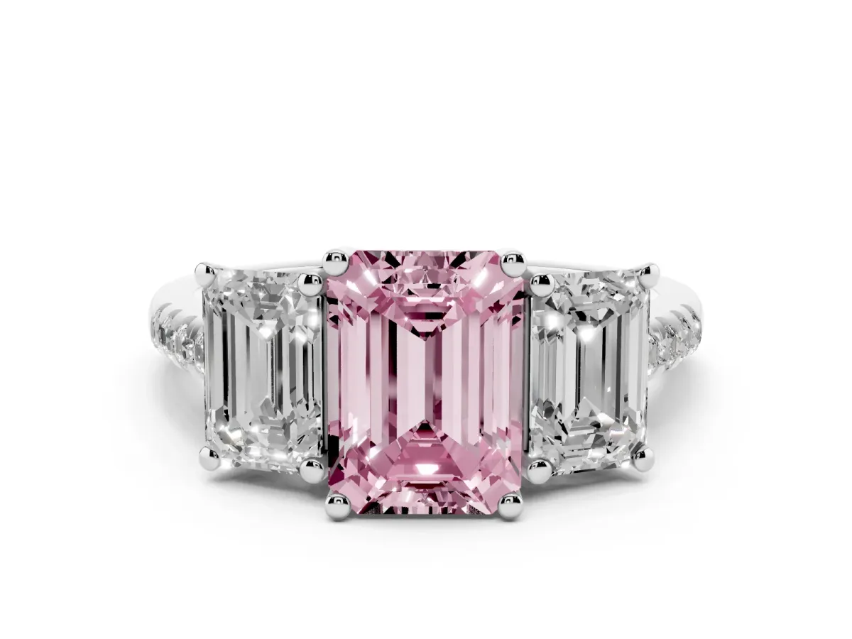 Fancy Pink Three-Stone Emerald Cut Diamond Ring with Round Pavé Band and Prong Setting Silver
