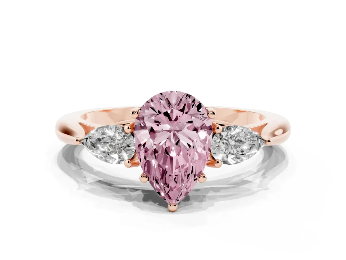 Fancy Pink Pear Cut Diamond Three-Stone Ring with Pear Side Stones and Prong Setting Rose gold