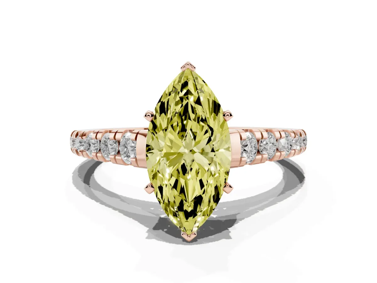 Fancy Yellow Marquise Cut Diamond Cathedral Solitaire Ring with Round Pavé Band Rose gold