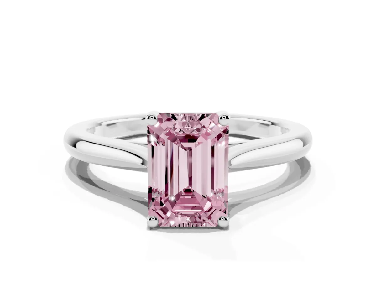 Fancy Pink Emerald Cut Cut Solitaire Ring with Cathedral Band and Four-Prong Setting Platinum