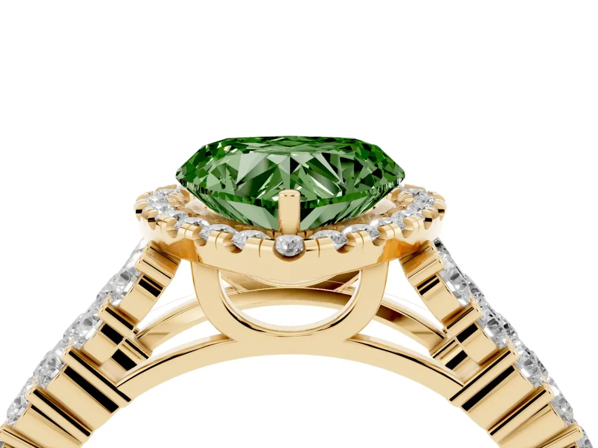 Fancy Green Heart Cut Diamond Halo Engagement Ring with Triple Row Round Pavé Band and Prong Setting Yellow gold