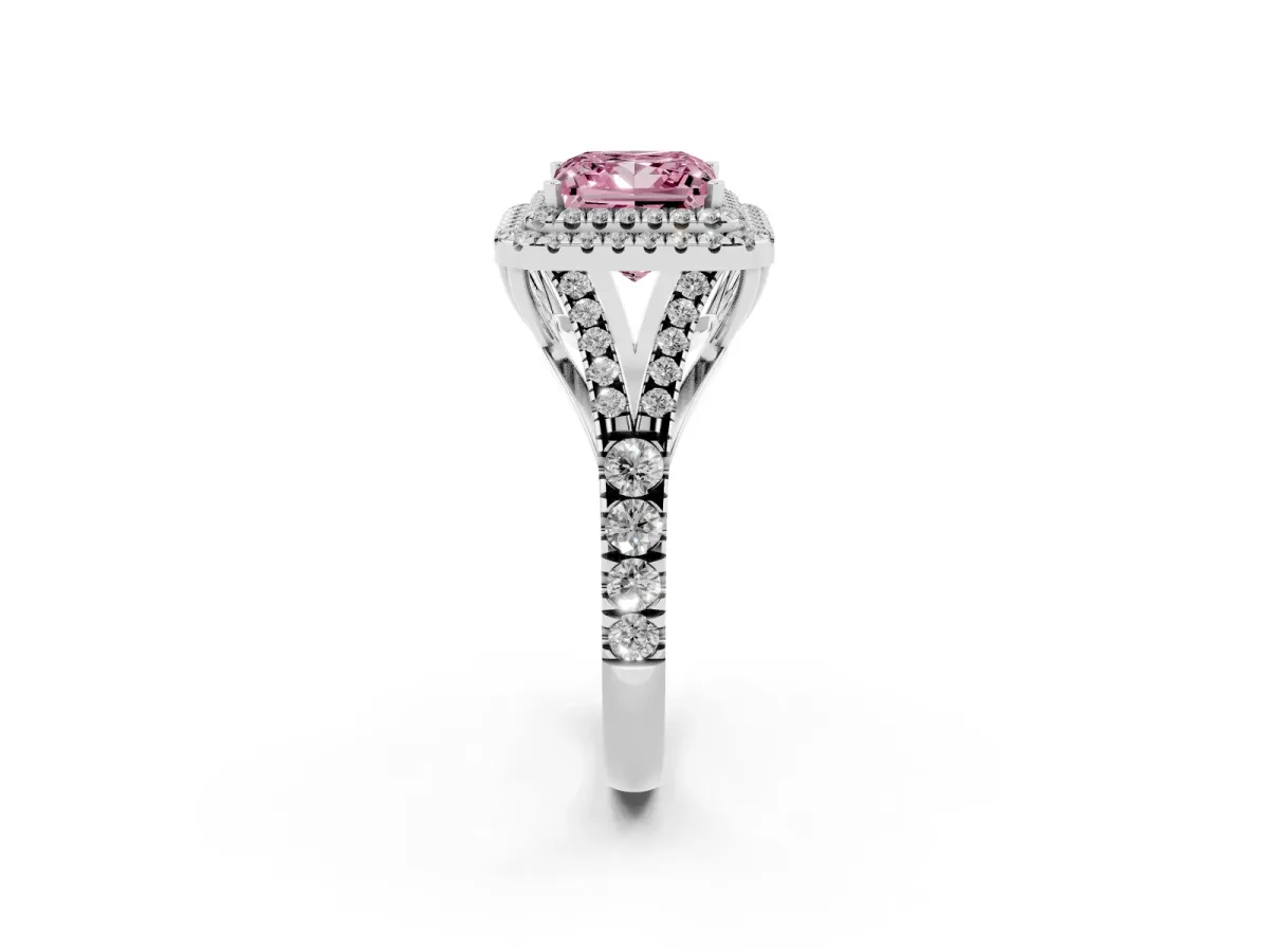 Fancy Pink Princess Cut Diamond Pavé Split Shank Double Halo Engagement Ring Silver