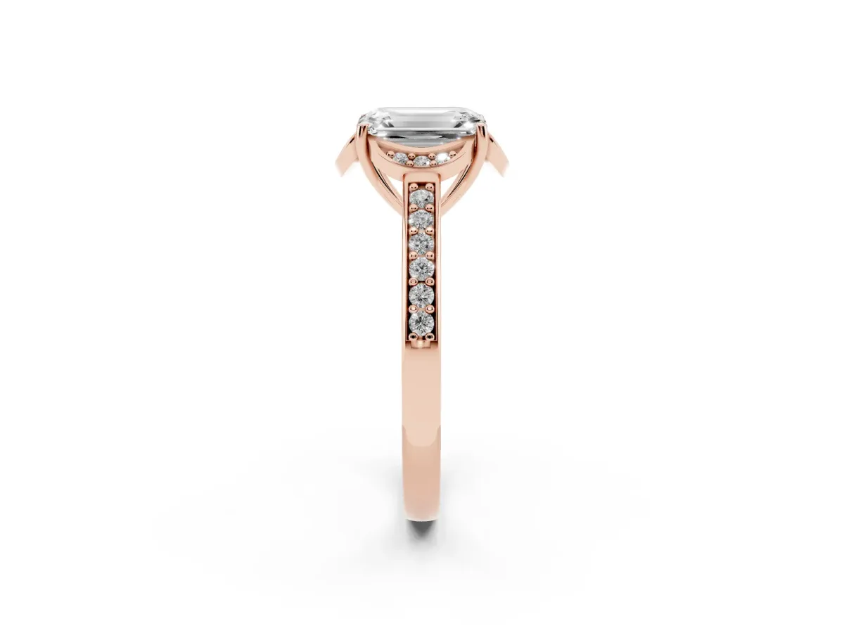 Emerald Cut Cut Halo Diamond Ring with Channel Set Band and Four-Prong Setting Rose gold