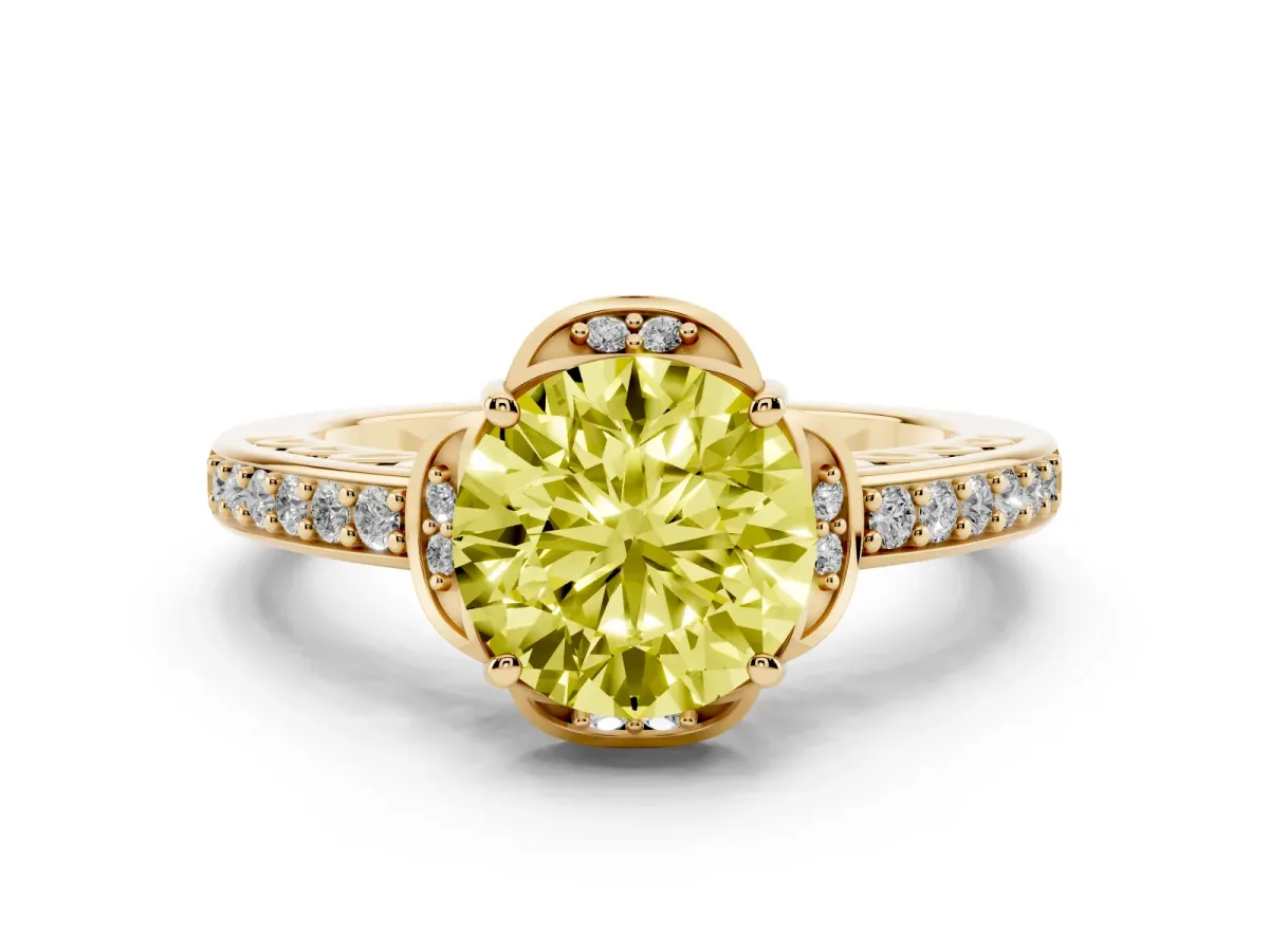 Fancy Yellow Round Cut Cut Halo Diamond Ring with Channel Set Band and Four-Prong Setting Yellow gold