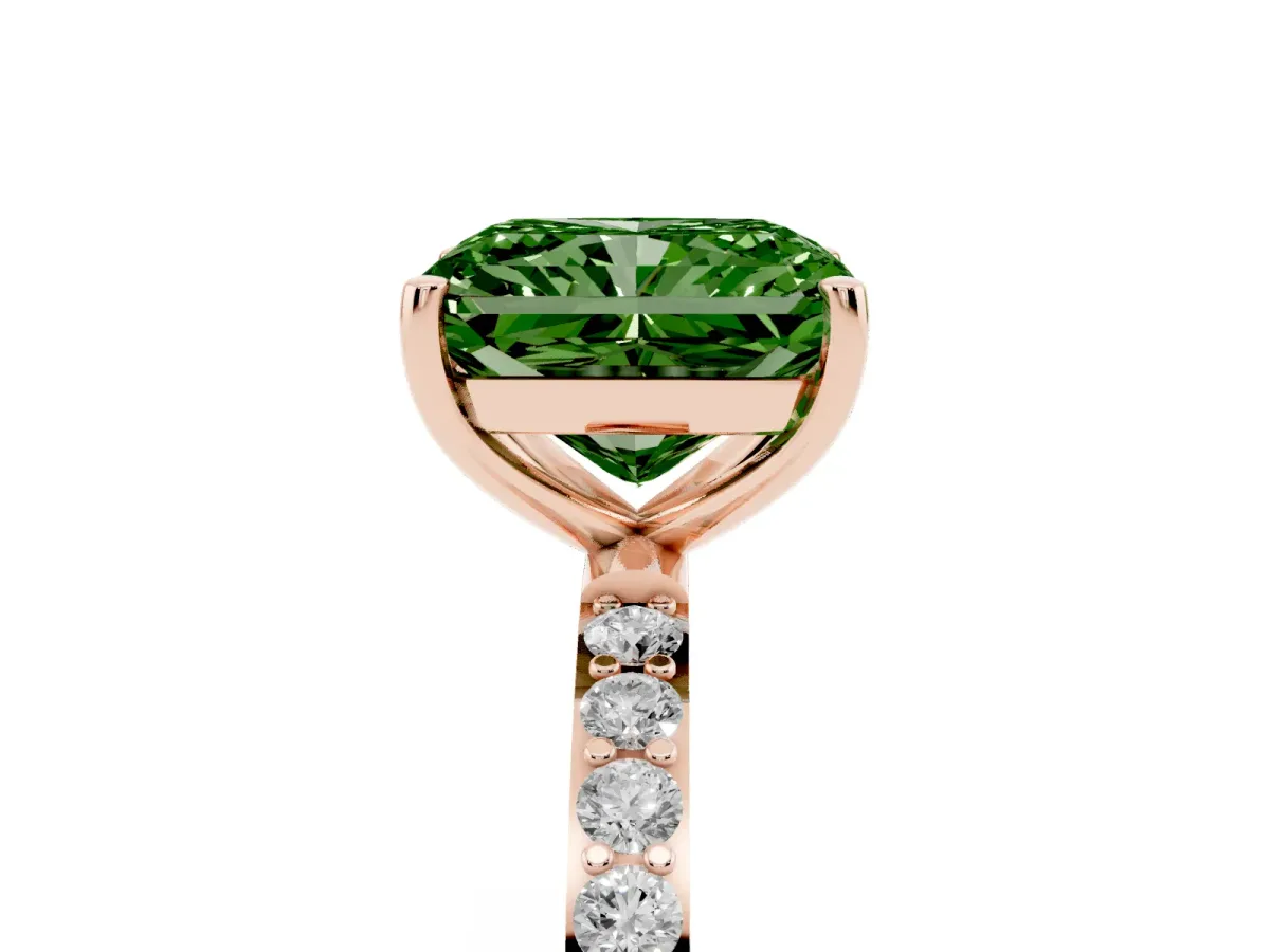 Fancy Green Radiant Cut Diamond Solitaire Ring with Round Pavé Shoulders and Prong Setting Rose gold