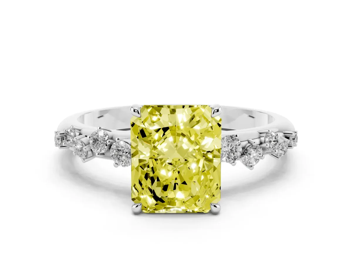Fancy Yellow Radiant Cut Diamond Cluster Prong-Set Solitaire Ring Silver