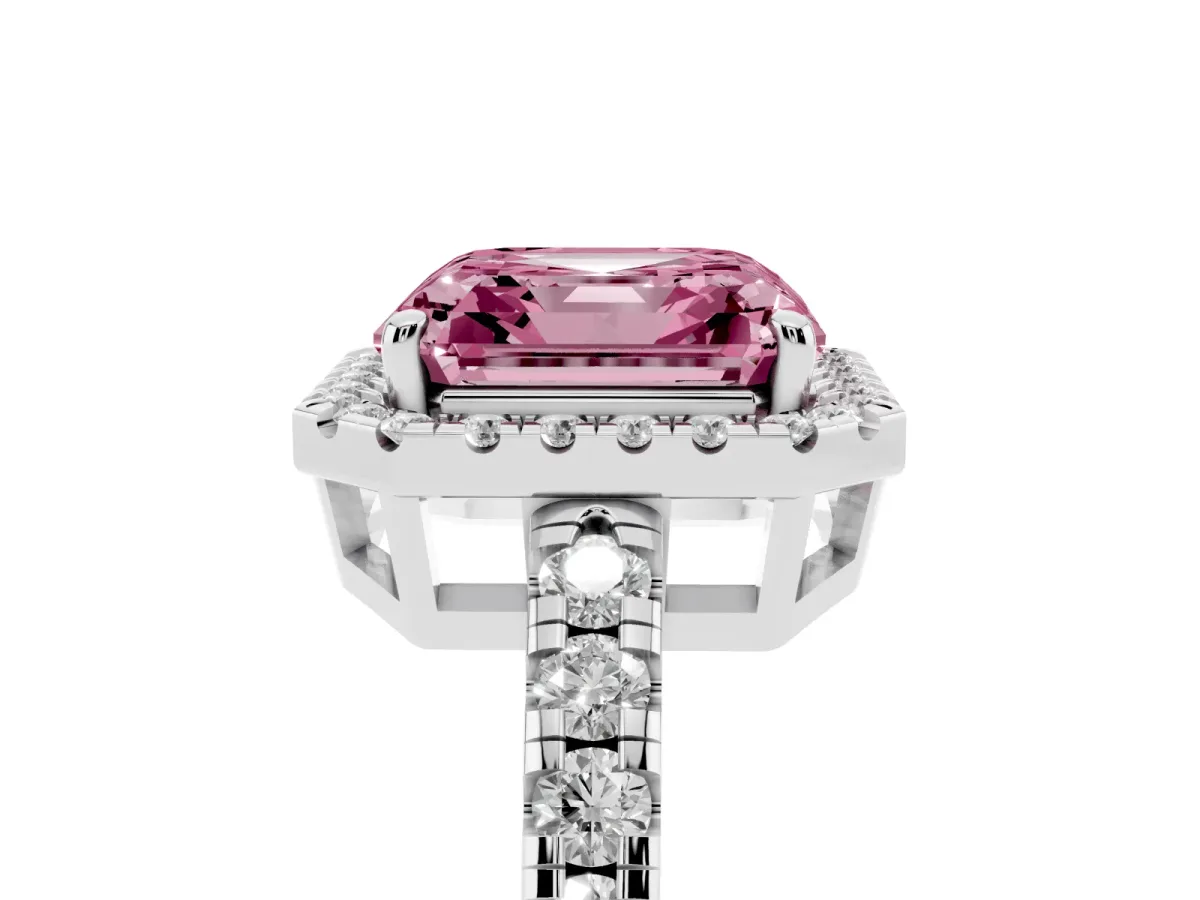 Fancy Pink Asscher Cut Diamond Halo Ring with Pavé Band and Four-Prong Setting White gold