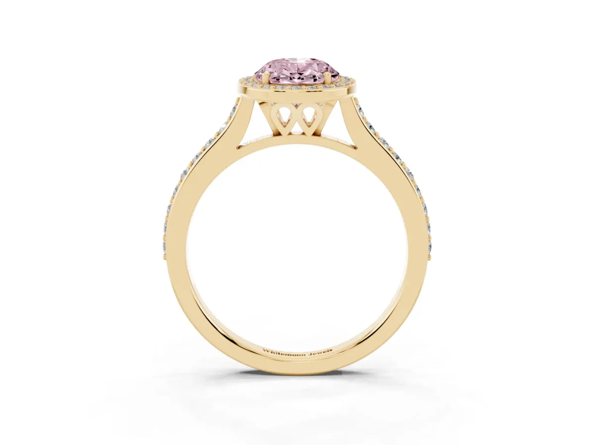 Fancy Pink Oval Cut Diamond Halo Engagement Ring with Round Pavé Shoulders and Prong Setting Yellow gold