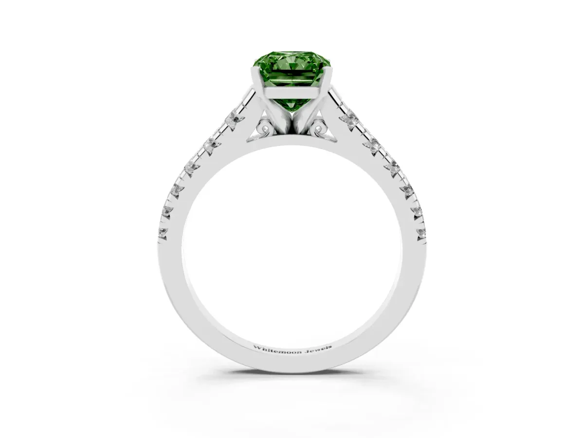 Fancy Green Radiant Cut Diamond Cathedral Solitaire Ring with Round Pavé Band Silver