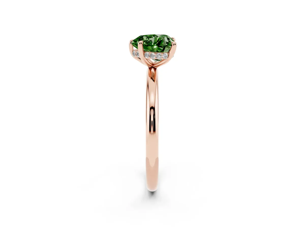 Fancy Green Heart Cut Diamond Solitaire Ring with Thin Band and Four-Prong Setting Rose gold