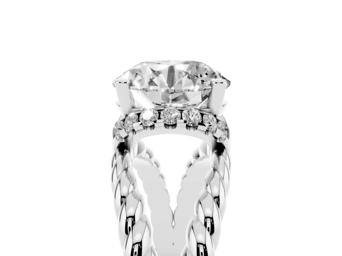 Round Cut Halo Twisted Band Four-Prong Ring Silver