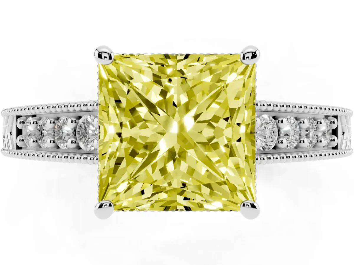 Fancy Yellow Princess Cut Solitaire Pavé Diamond Milgrain Engagement Ring with Four-Prong Setting Silver