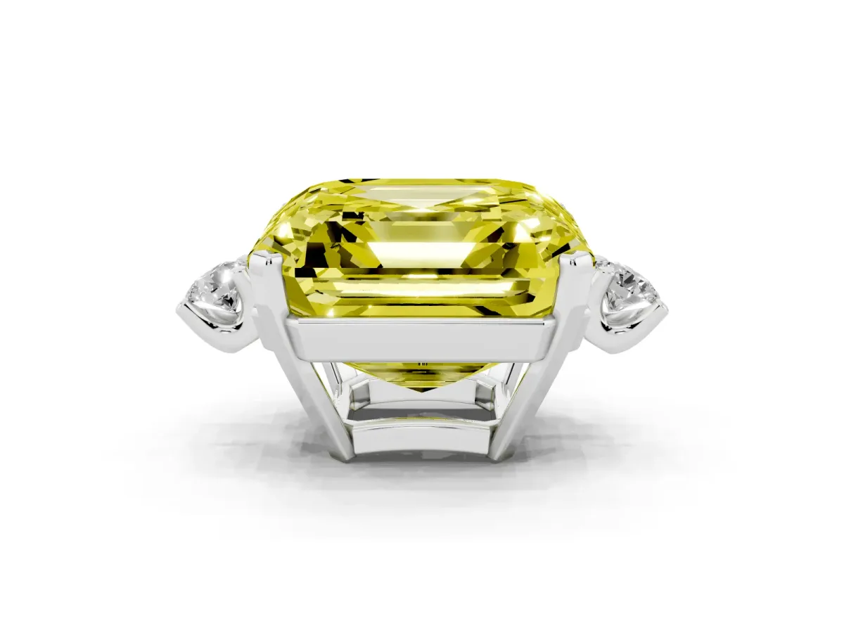 Fancy Yellow Asscher Cut Cut Three-Stone Solitaire Ring with Round Accent Diamonds and Four-Prong Setting Silver
