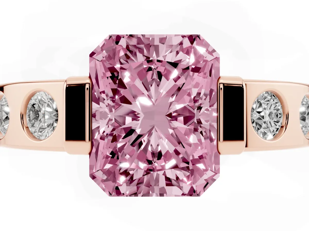 Fancy Pink Radiant Cut Brilliant Channel-Set Diamond Ring with Bezel Prong Setting Rose gold